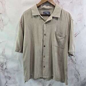 Free Planet Shirt Mens XL Linen Button Beige Tan Safari Utility Short Sleeve